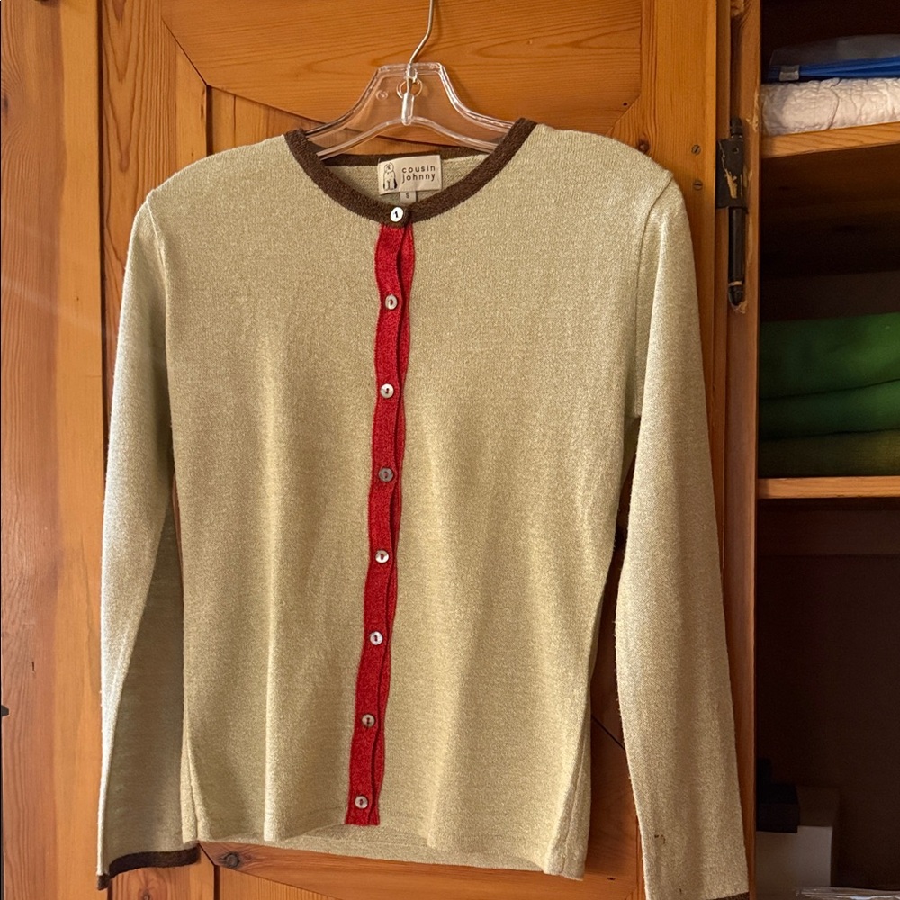 Gold and Red Button-Up Cardigan, Size Small, 55% Cotton 48% Acrylic $75.00